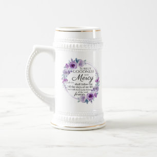 Psalm 23:6 Inspirational Bible Verse Purple Floral Beer Stein