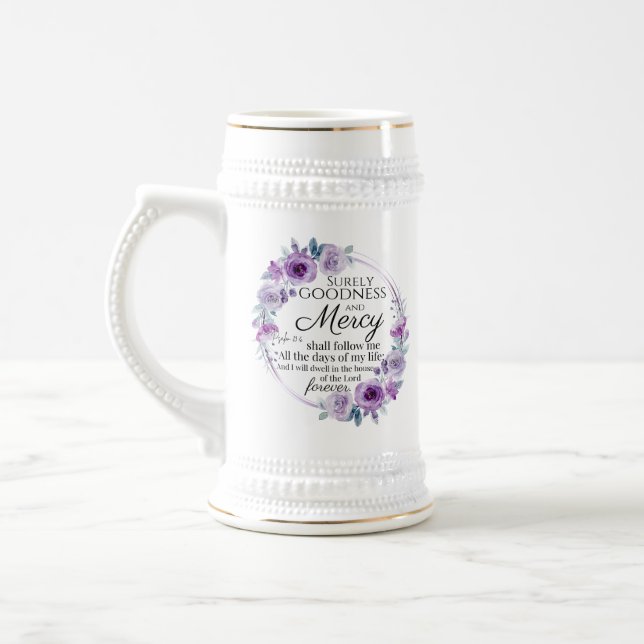 Psalm 23:6 Inspirational Bible Verse Purple Floral Beer Stein (Left)