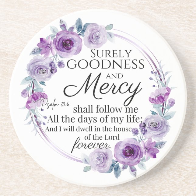 Psalm 23:6 Inspirational Bible Verse Purple Floral Coaster (Front)