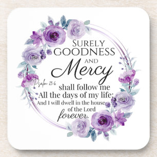 Psalm 23:6 Inspirational Bible Verse Purple Floral Coaster