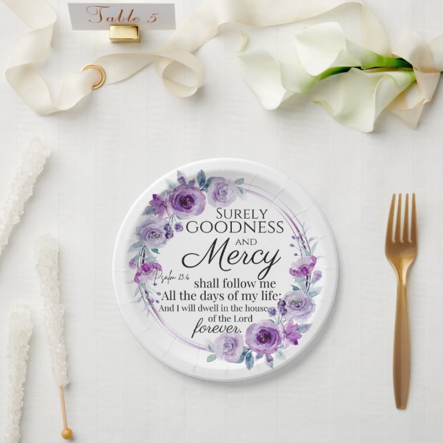 Psalm 23:6 Inspirational Bible Verse Purple Floral Paper Plate (Wedding)