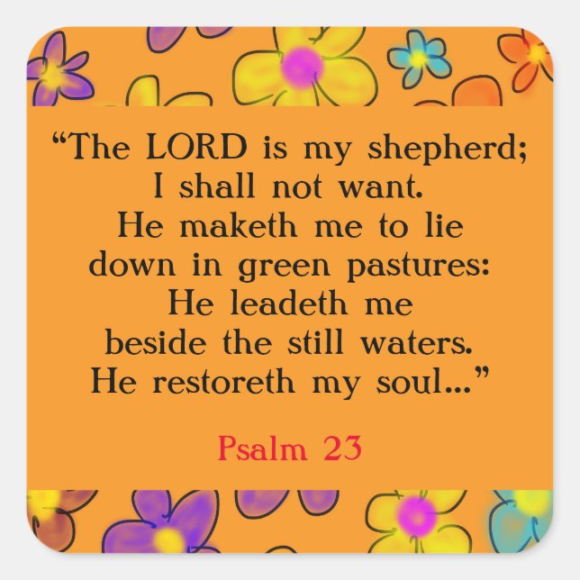 Psalm 23 Bible Prayer Flower Yellow Square Sticker (Front)