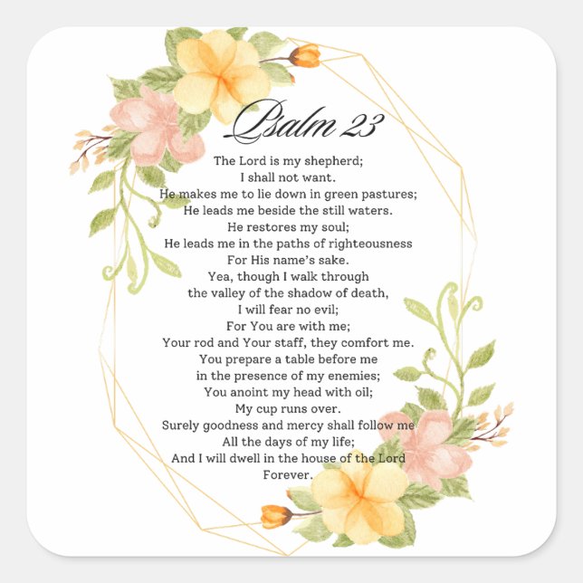 Psalm 23 Bible Scripture Yellow Floral Frame Square Sticker (Front)