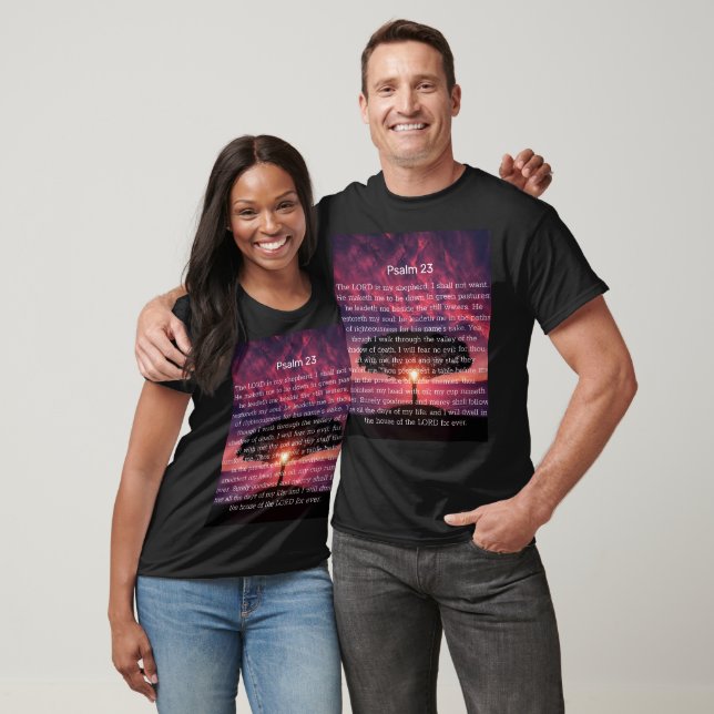 Psalm 23 Bible Verse with Pink Sunset Tree T-Shirt (Unisex)