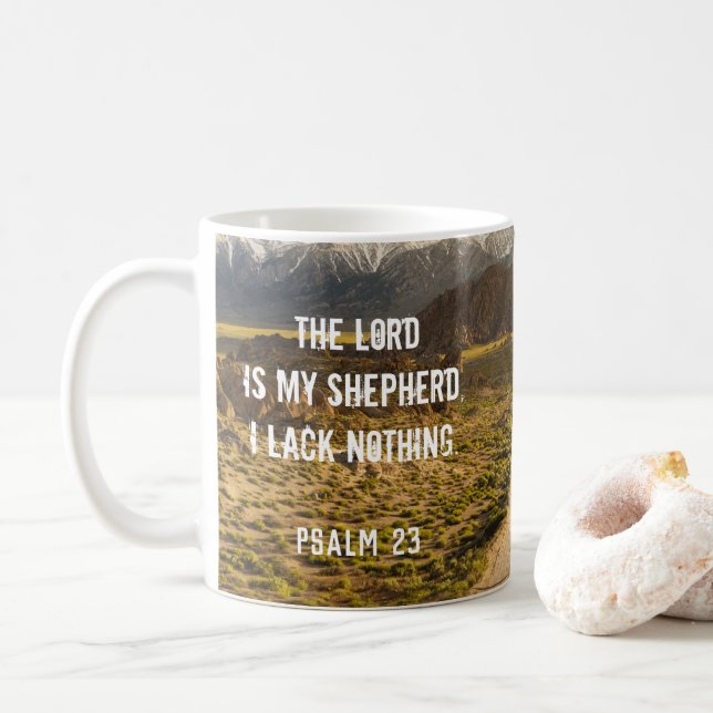 Psalm 23 The LORD is my shepherd, Scripture Coffee Mug (With Donut)