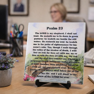 Psalm 23 Watercolor Bridge, pink flowers Tile