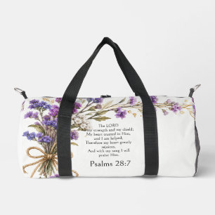 Psalm 28:7 Bible Verse, Purple Lavender Floral Art Duffle Bag