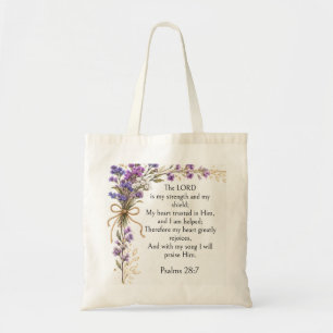 Psalm 28:7 Bible Verse, Purple Lavender Floral Art Tote Bag