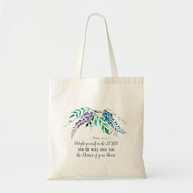 Psalm 37:4 Delight Yourself in the Lord, Floral Tote Bag (Front)