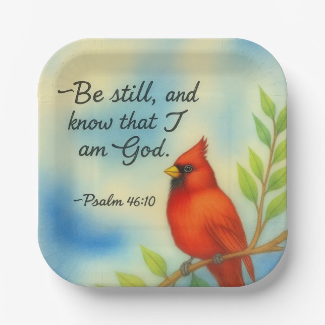 Psalm 46:10 Be Still Red Cardinal Scripture Nature Paper Plate (Front)