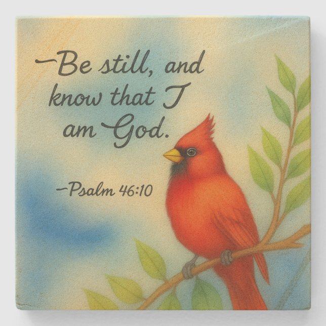 Psalm 46:10 Be Still Red Cardinal Scripture Nature Stone Coaster (Front)