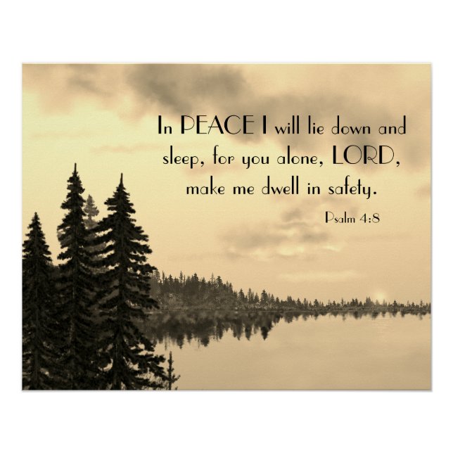 Psalm 4:8 Peaceful Sunset Lake and Trees in Sepia  Poster (Front)