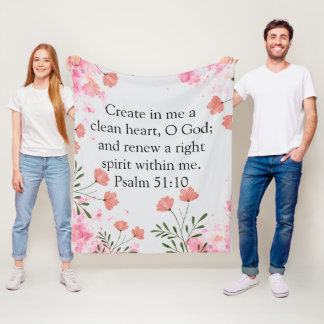 Psalm 51:10 Create In Me Pink Floral Christian Fleece Blanket