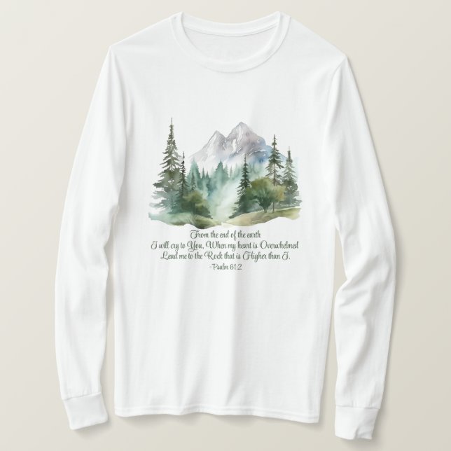 Psalm 61:2 Lead me to the Rock Scripture Mountain T-Shirt (Design Front)