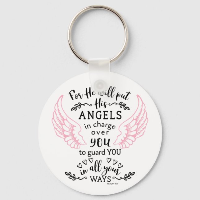 Psalm 91:11 Bible Scripture Verse Angels Guard Key Ring (Front)