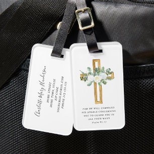 Psalm 91:11 Bible Verse White Peony Floral Cross Luggage Tag