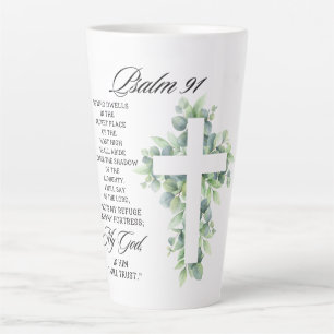 Psalm 91:1-2 Religious Cross Greenery Bible Verse Latte Mug