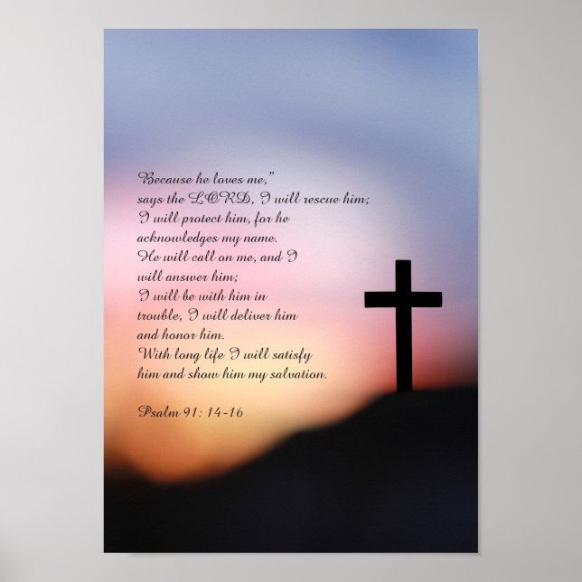 Psalm 91 black cross on the hill and sunset poster (Front)