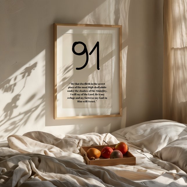 Psalm 91 Minimalist Scripture Print (Minimalist Psalm 91 Bible verse art in a neutral modern room with wooden furniture and soft light.)