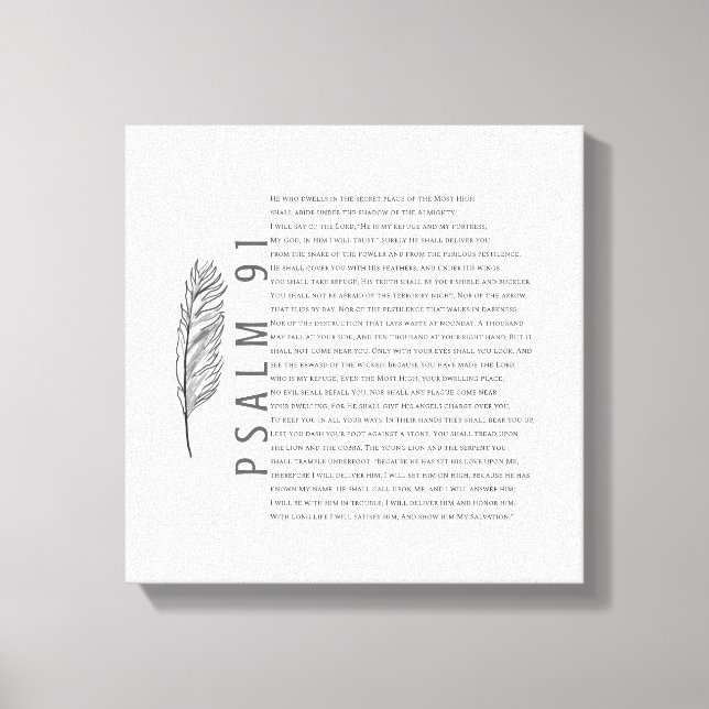Psalm 91 Modern Black White Feather Bible Verse Canvas Print (Front)