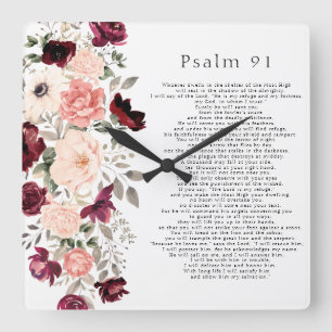 Psalm 91 Scripture Burgundy Blush Floral Square Wall Clock
