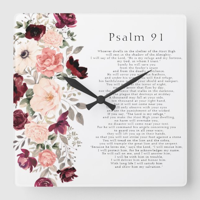 Psalm 91 Scripture Burgundy Blush Floral Square Wall Clock (Front)