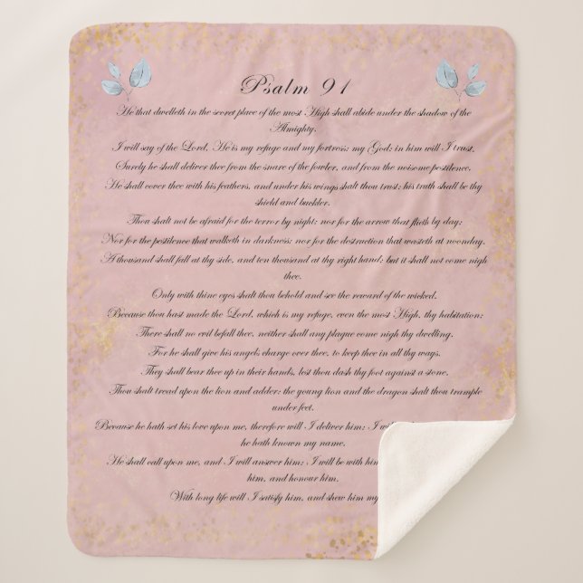 Psalm 91, Scripture & Eucalyptus Leaves, Pink Sherpa Blanket (Front)