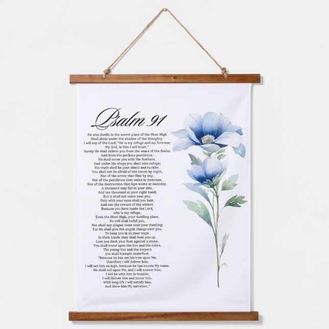 Psalm 91 Watercolor Blue Flower Bible Scriptures Hanging Tapestry (Front)