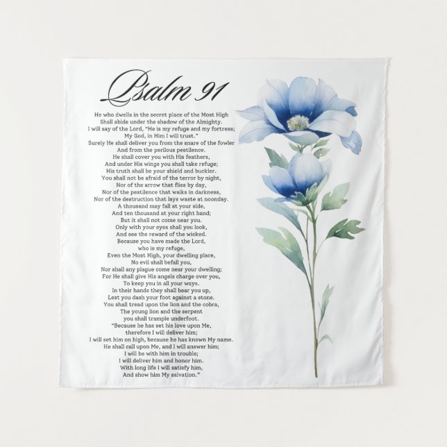 Psalm 91 Watercolor Blue Flower Bible Scriptures Tapestry (Front)