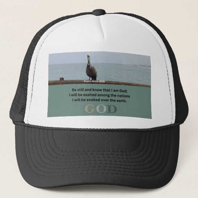 Psalm Message - Psalm 46-10 - White and Black Trucker Hat (Front)