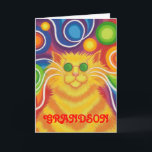 Psy-cat-delic 'Grandson' 'Groovy birthday' card<br><div class="desc">Groovy baby! A yellow and orange striped cat with swirling whiskers and a psychedelic rainbow patterned background. Greetings card with a yellow, orange, red, blue, green, pink, purple, and white customisable design for you to personalise with your own text, images and ideas.An original digitally enhanced coloured pencil drawing by Jess...</div>