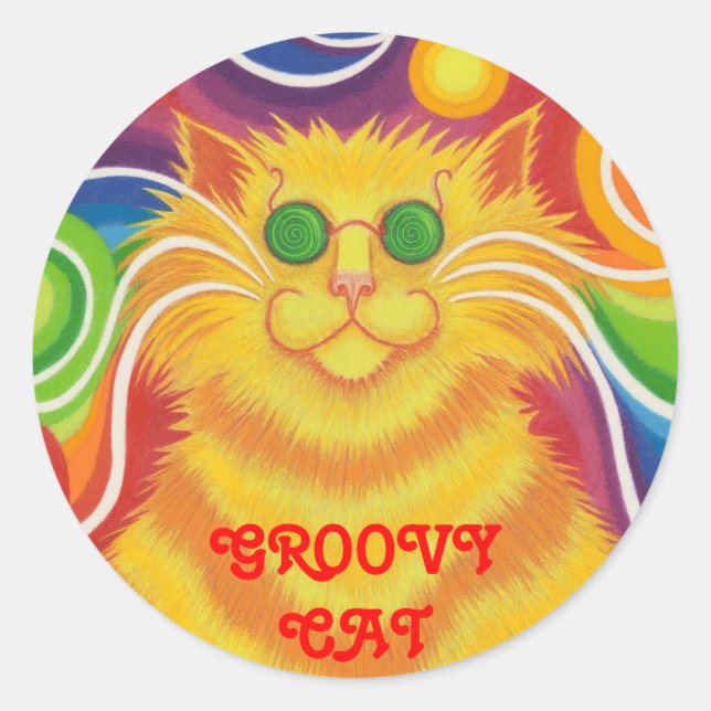 Psy-cat-delic 'Groovy Cat!' round sticker (Front)