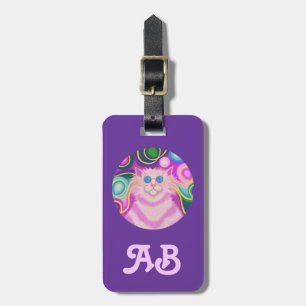 Psy-cat-delic Pink Round 'initials' luggage purple Tag