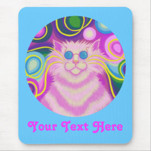 Psy-cat-delic pink round 'Your Text' blue mousepad