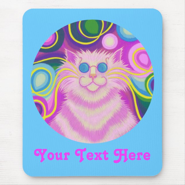 Psy-cat-delic pink round 'Your Text' blue mousepad (Front)