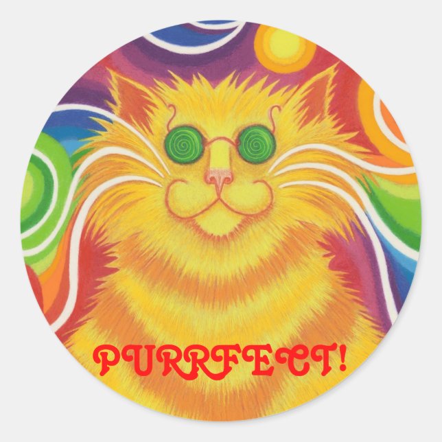 Psy-cat-delic 'Purrfect!' round sticker (Front)