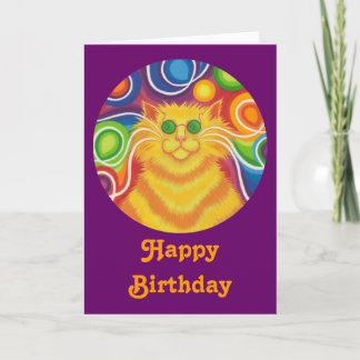 Psy-cat-delic round  'Happy Birthday' card purple