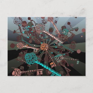 Psychadelic steampunk keys, rays, dark retro postcard