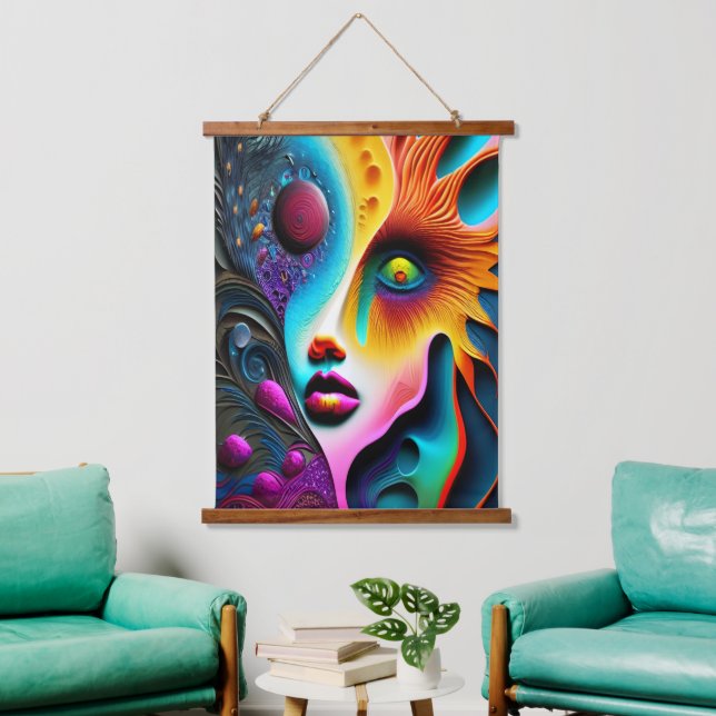 Psychedelic Abstract Face Vibrant Trippy  Hanging Tapestry (Living Room)