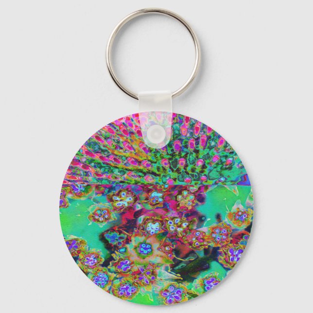 Psychedelic Abstract Groovy Purple Sedum Key Ring (Front)