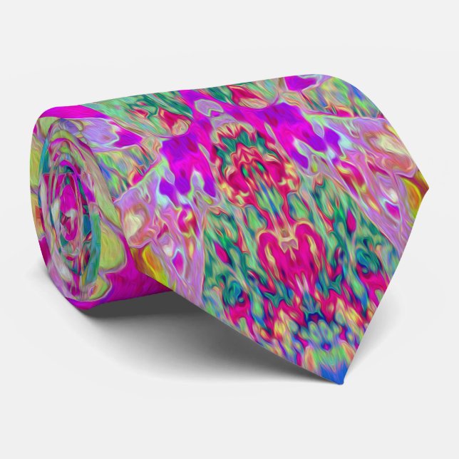 Psychedelic Abstract Magenta and Aqua Garden Art Tie (Rolled)