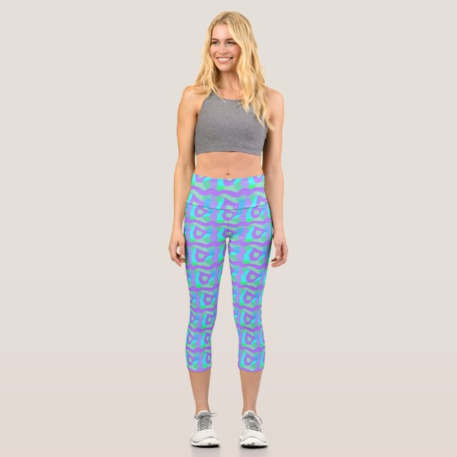 Psychedelic African Patchwork: Green Lilac Blue Capri Leggings (Front)