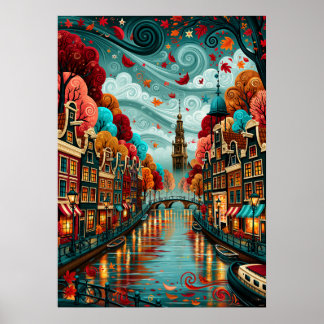 Psychedelic Amsterdam Canal Cityscape Poster