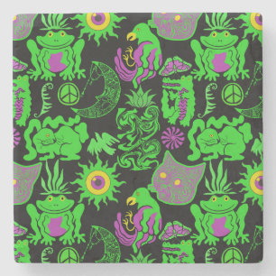 Psychedelic animals pattern Black BG Stone Coaster