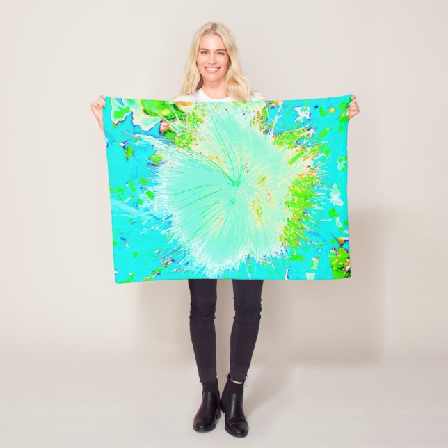 Psychedelic Aqua and Lime Green Milkweed Fleece Blanket (In Situ)