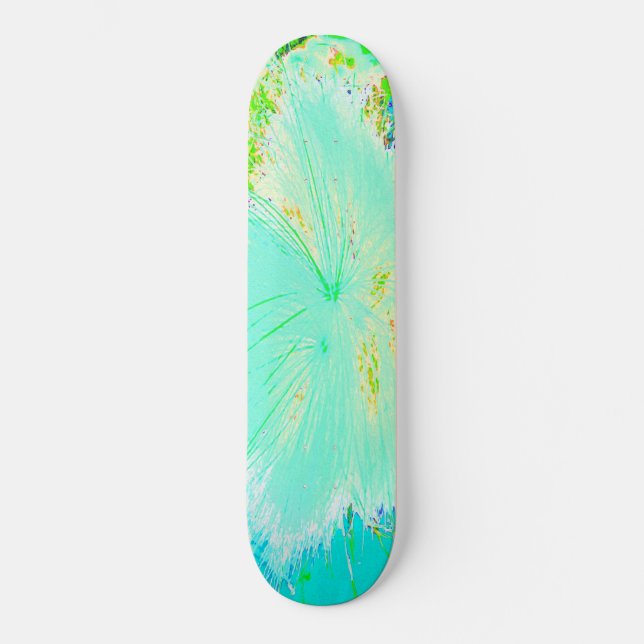Psychedelic Aqua and Lime Green Milkweed Skateboard (Front)