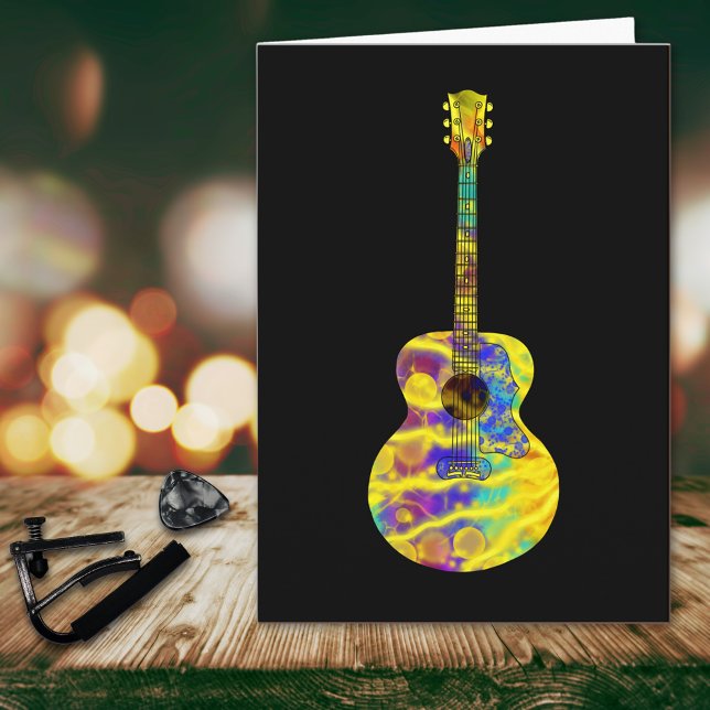 Psychedelic Art Acoustic Guitar Musical Instrument Card (Funky psychedelic acoustic guitar birthday greetings card)