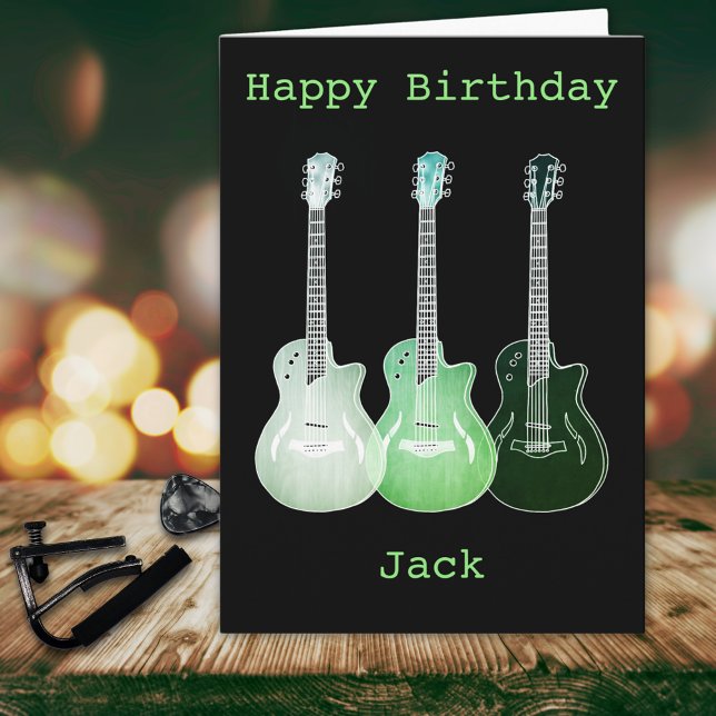 Psychedelic Art Music Guitar Drawing Add Name Jack Card (Funky guitar green pop art personalized name happy birthday greeting card for guitarist musicians)