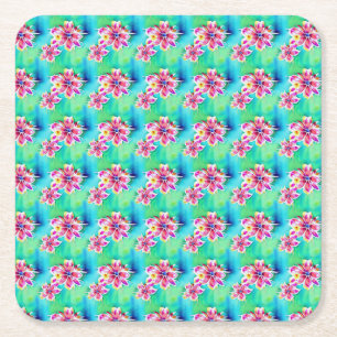 Psychedelic Art Nouveau Floral Watercolor Pattern Square Paper Coaster
