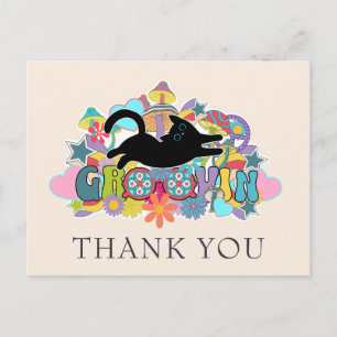 Psychedelic Art Retro Groovin Black Cat Thank You Postcard